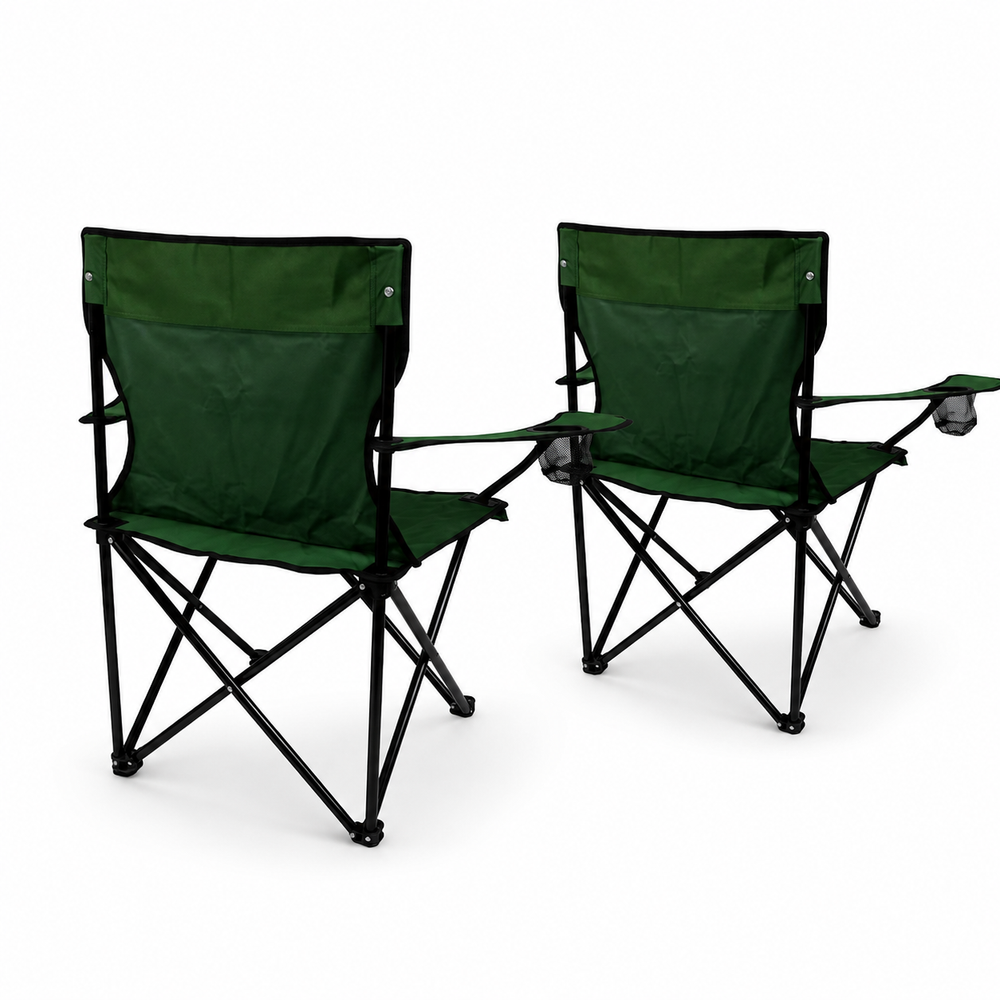 Set 2 Scaune Camping Pliabile Verde cu Suport Pahar si Cotiere, Cadru Metalic Rezistent, Portabile pentru Pescuit, Gradina si Drumetii PromotiiZilnice