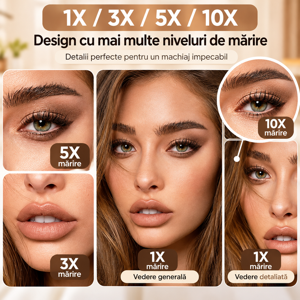 Oglindă Cosmetică LED Pliabilă cu Mărire, 3 Tipuri de Lumină, Intensitate Reglabilă, Control Touch, Suport Rotativ, Albă PromotiiZilnice