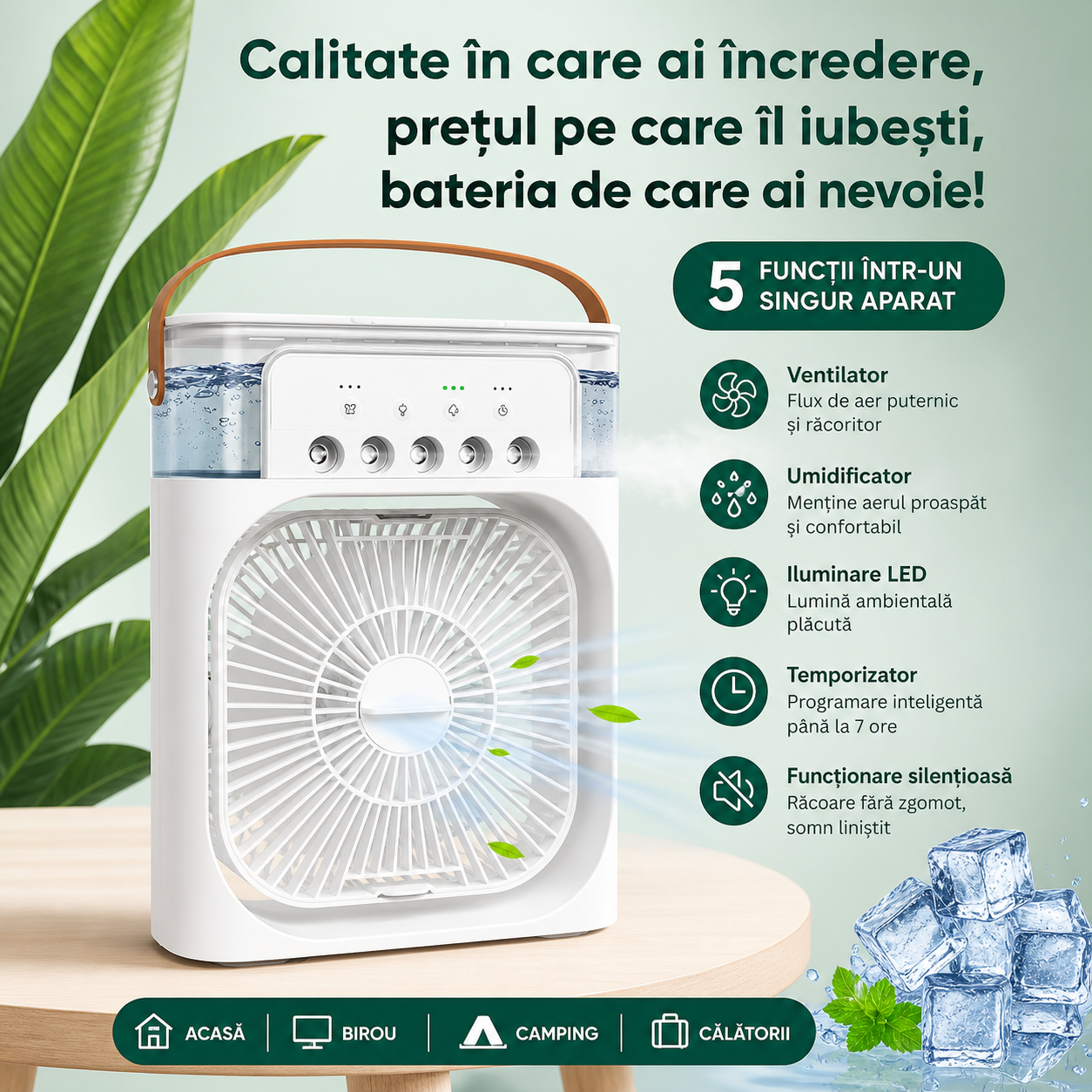 Mini Ventilator Portabil 3 în 1 cu Răcire Aer, Umidificator și Purificator, Rezervor 600ml, Iluminare RGB 7 Culori, 3 Trepte de Viteză, USB – Ideal pentru Birou, Dormitor și Camping PromotiiZilnice