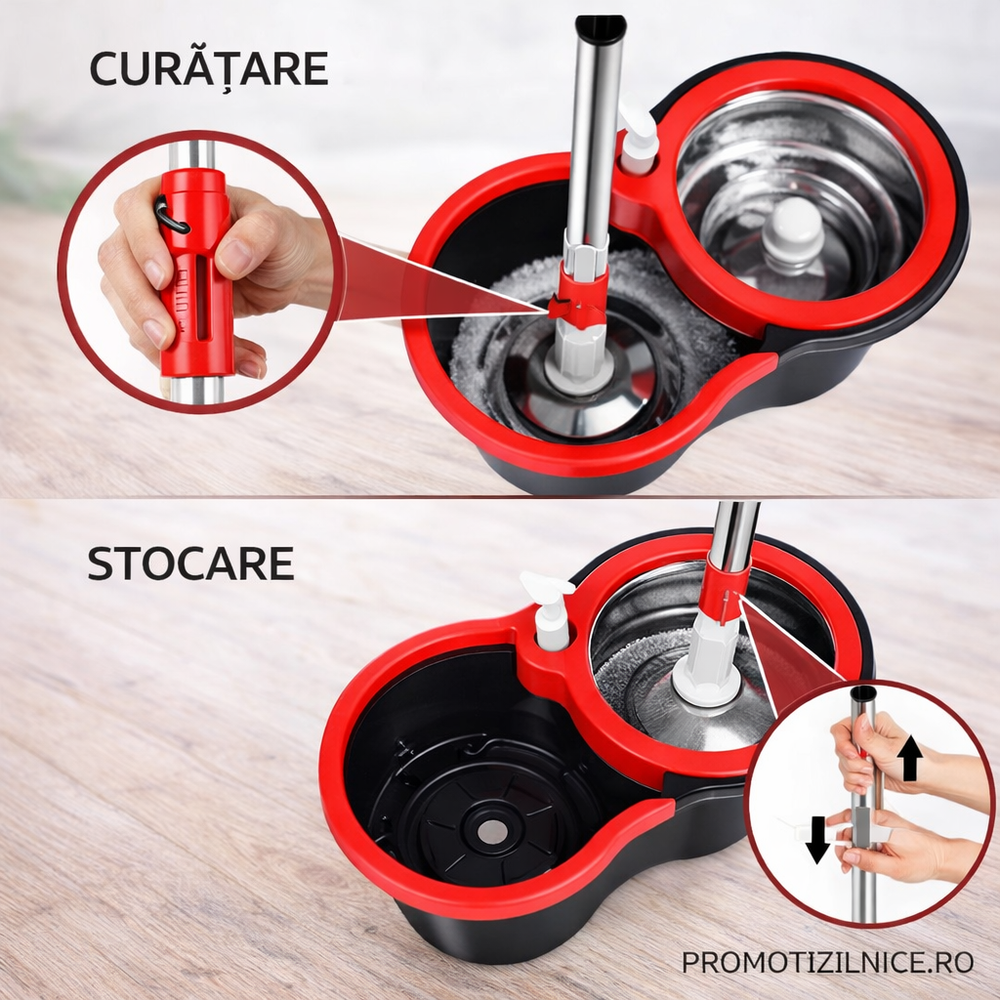 Set Mop Rotativ cu Găleată 360°, Mâner Inox + 5 Rezerve Cadou PromotiiZilnice