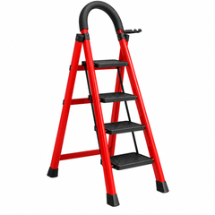 Scară Metalică Pliabilă cu 4 Trepte Antiderapante, Mâner Ergonomic, Roșu-Negru BunSiPractic