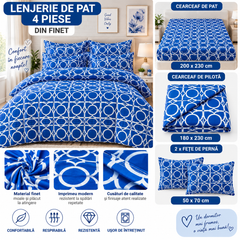 Lenjerie de Pat din Finet, 4 Piese, Albastru cu Model Geometric Powersale