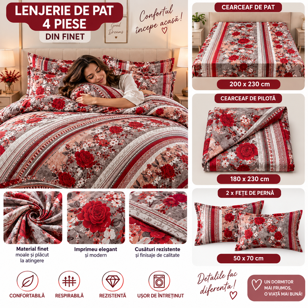 Lenjerie de Pat din Finet, 4 Piese, Model Floral cu Trandafiri, Roșu-Gri Powersale