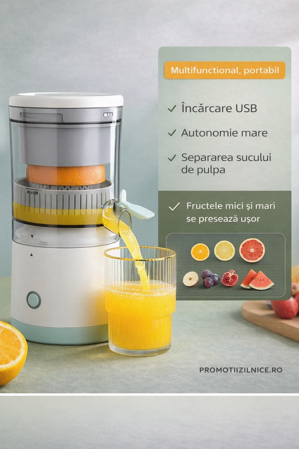 Storcător electric de citrice portabil 45W, 500ml, încărcare USB, alb/turcoaz – Suc proaspăt rapid, sistem separare pulpă PromotiiZilnice