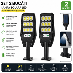 Set 2 x Lampa Solara Stradala JORTAN 100W, 9 Cadrane LED COB, Senzor de Miscare, Telecomanda, IP66, 6500K, Iluminat Exterior Curte si Gradina PromotiiZilnice