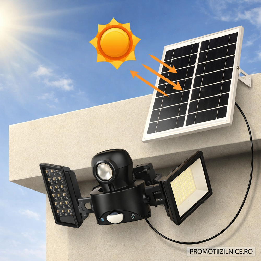 Proiector Solar LED Dublu 200W cu Senzor de Miscare, Telecomanda si Protectie IP67 – Iluminare Exterior Curte si Gradina PromotiiZilnice