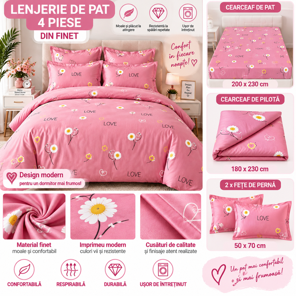 Lenjerie de Pat Finet 4 Piese – Model LOVE Floral Powersale