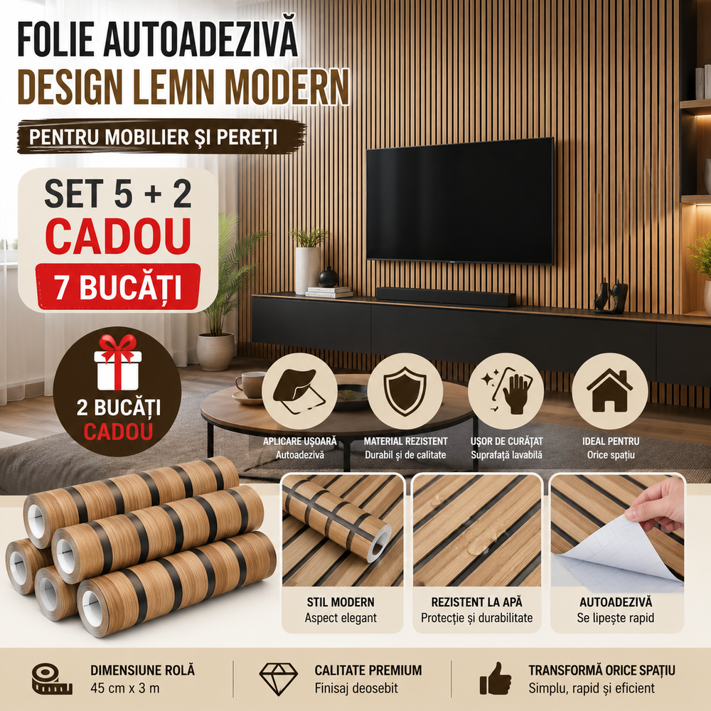 Set 7 Bucăți Folie Autocolantă pentru Mobilier și Pereți Aspect Lemn Modern | 5 + 2 Cadou Powersale