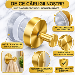 Set 2 Cârlige Aurii cu Ventuză, Fără Găurire, Rezistente la Apă, pentru Baie și Bucătărie Powersale