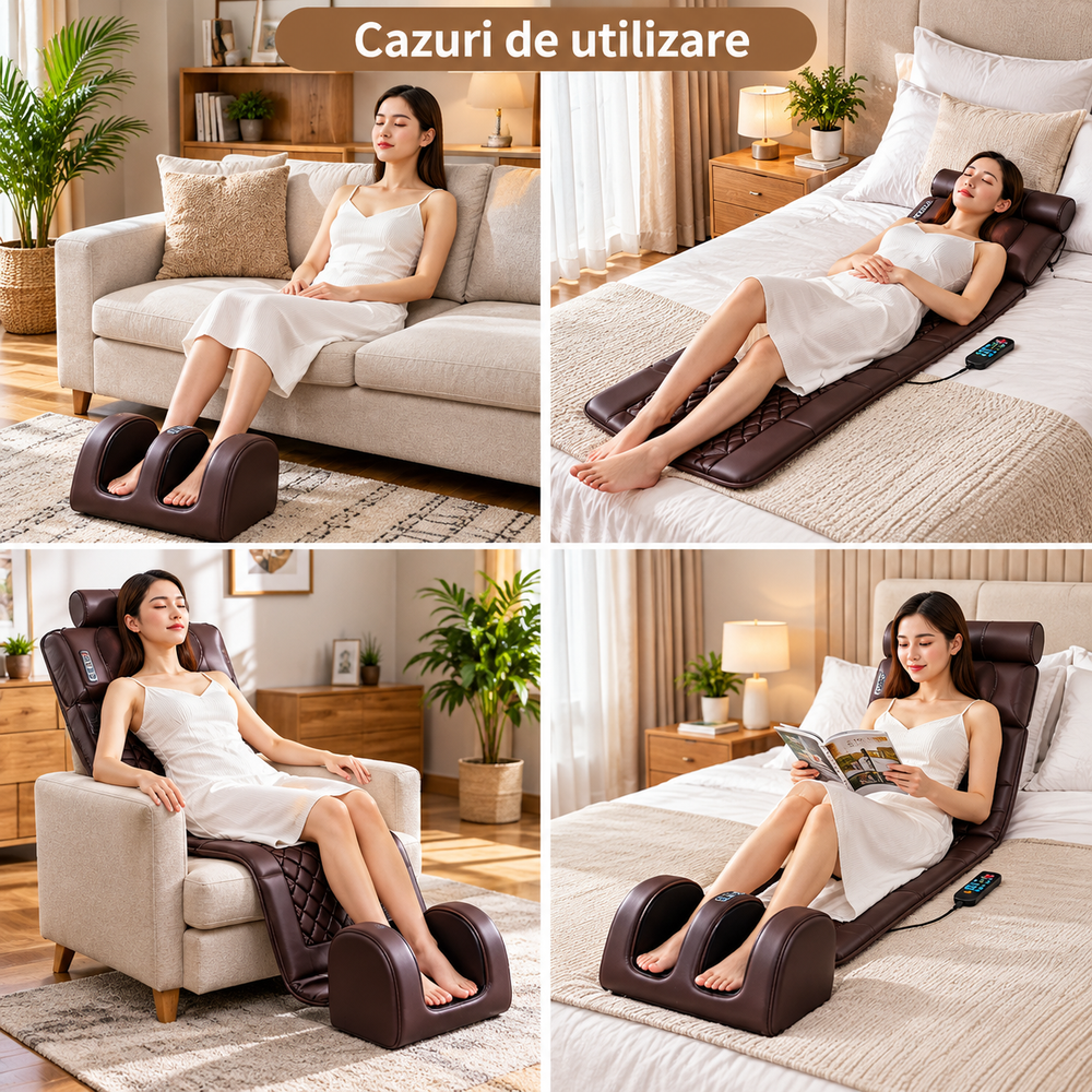 Saltea de Masaj Corporal 5 în 1, cu Încălzire, Shiatsu, Vibrații, Tracțiune cu Aer, 20 Noduri Cervicale, 24 Noduri pentru Picioare, Pliabilă PromotiiZilnice