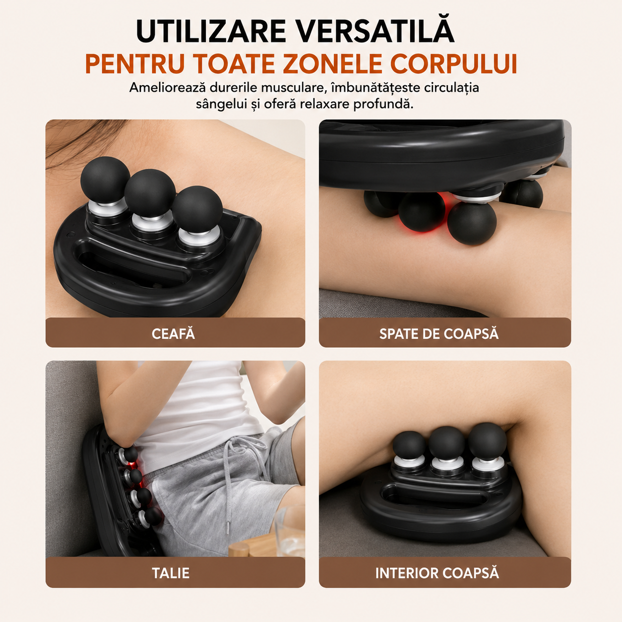 Aparat de Masaj Profesional cu 6 Capete, Display Digital, Lumină LED Roșie, Portabil, Relaxare Musculară Profundă Powersale