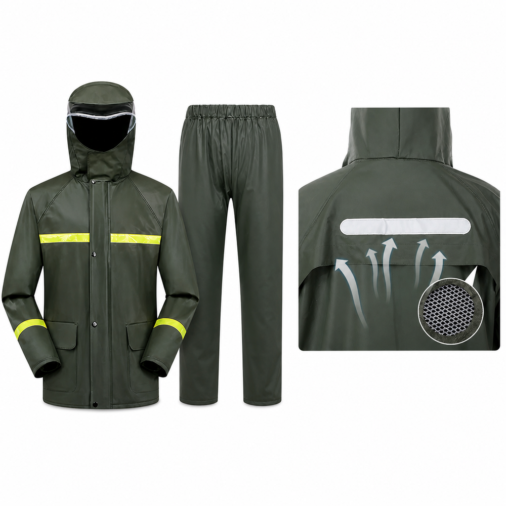 Costum Impermeabil Ploaie Profesional, Set Geaca si Pantaloni, Cu Gluga, Respirabil, Reflectorizant, Protectie Completa Exterior-Marime Universala- Powersale