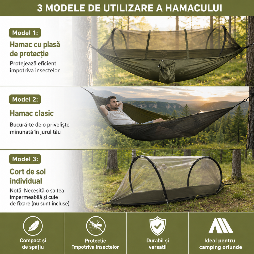 Hamac Camping cu Plasă Anti-Insecte 260x140 cm, Verde Kaki, Ultra Ușor, Portabil, cu Husă și Accesorii de Prindere Powersale