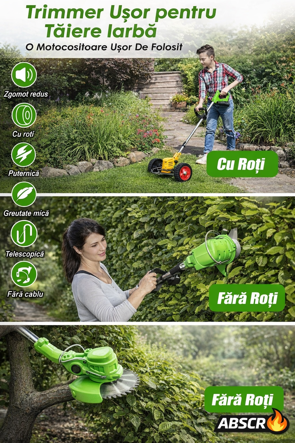 Motocoasă Electrică cu 2 Acumulatori 48V 4000 mAh, 18000 RPM, cu Roți Detasabile, Disc + 2 Lame + 5 Palete Incluse – Trimmer Profesional Iarbă și Buruieni BoomSale