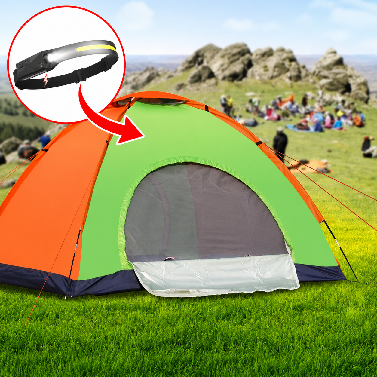 Cort Camping 3-4 Persoane 200x200x135 cm Impermeabil + Lanterna de Cap Cadou – Montare Rapida, Material Rezistent PromotiiZilnice