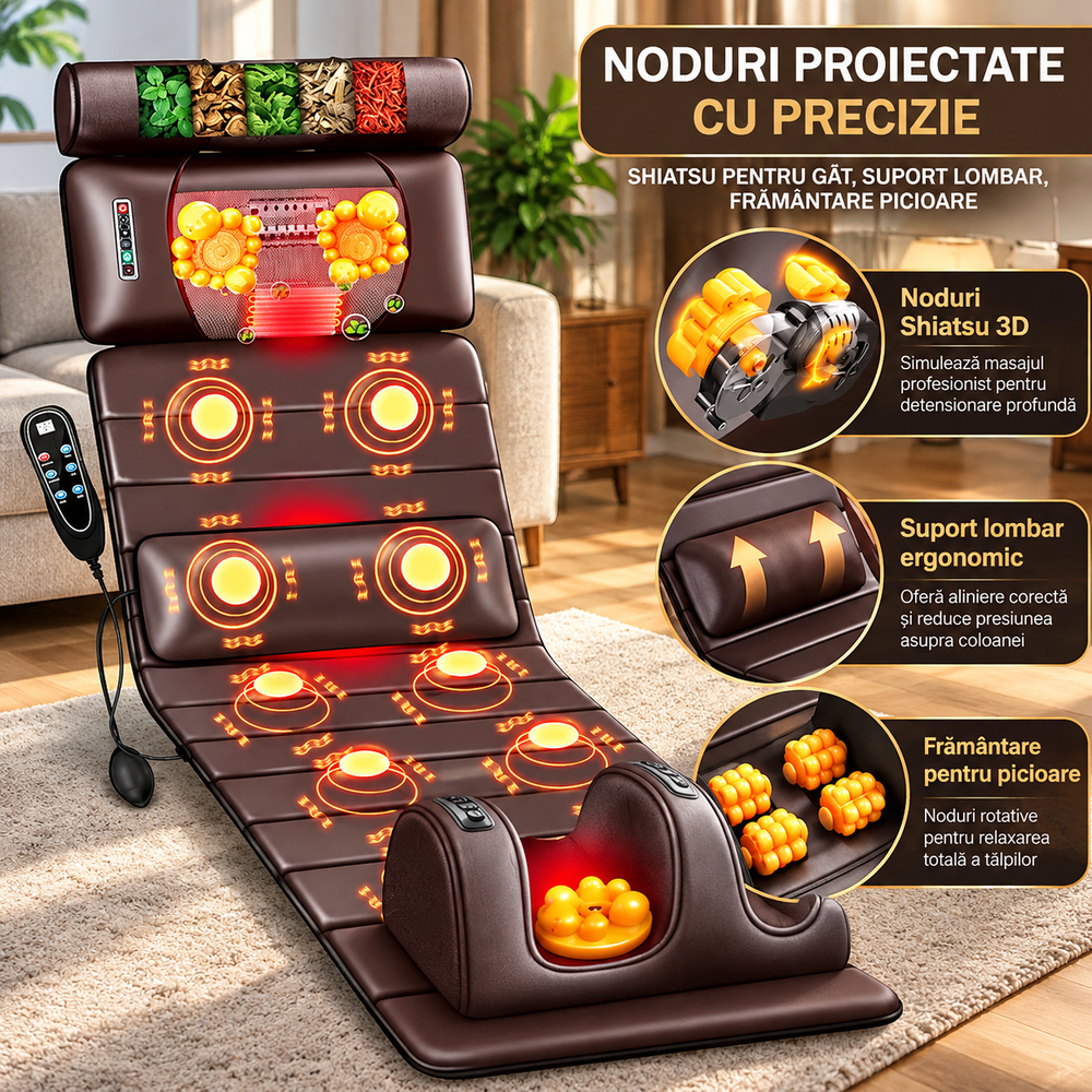 Saltea de Masaj Corporal 5 în 1, cu Încălzire, Shiatsu, Vibrații, Tracțiune cu Aer, 20 Noduri Cervicale, 24 Noduri pentru Picioare, Pliabilă PromotiiZilnice