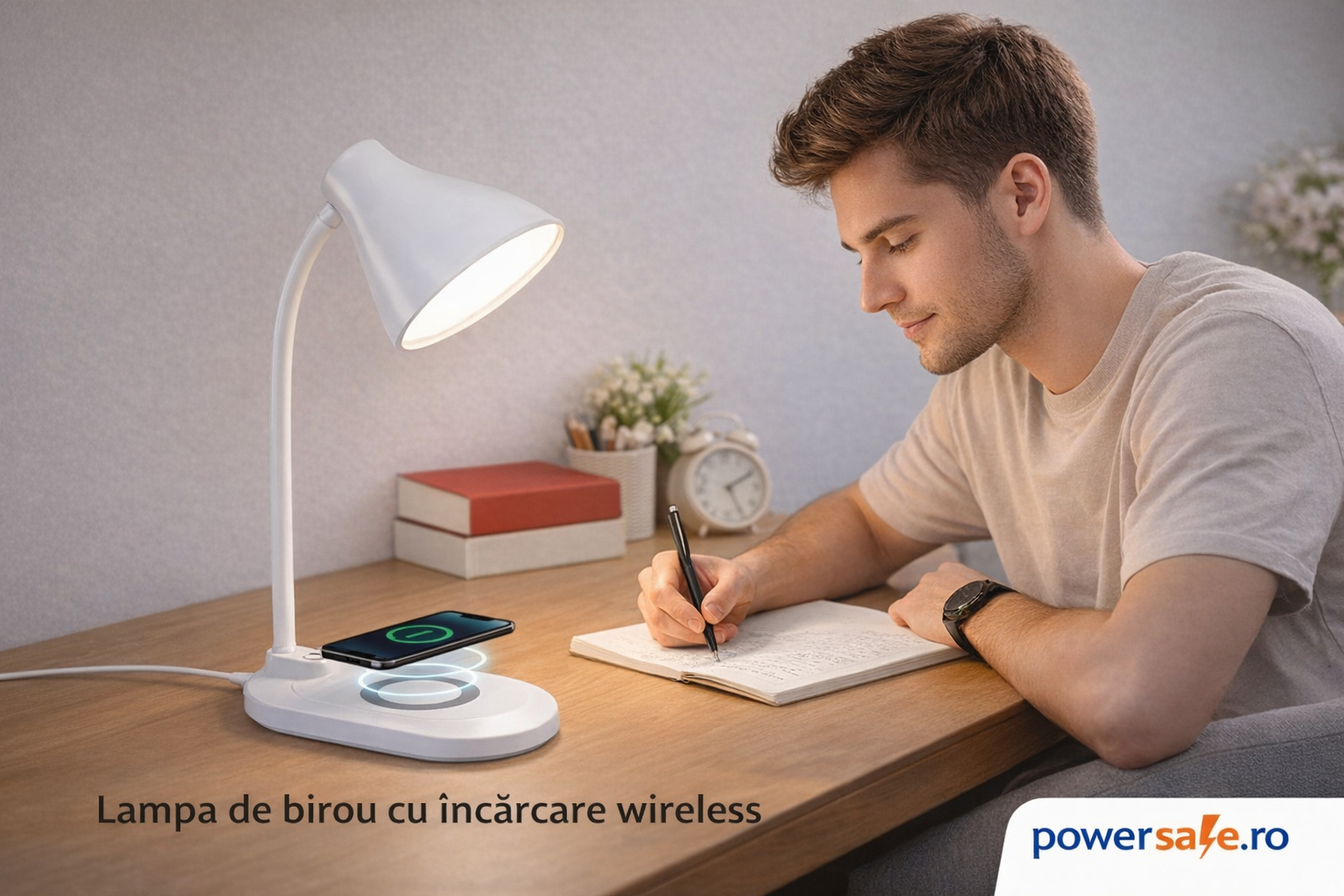 Lampă de birou LED cu încărcare wireless albă – iluminare practică pentru birou și noptieră Powersale