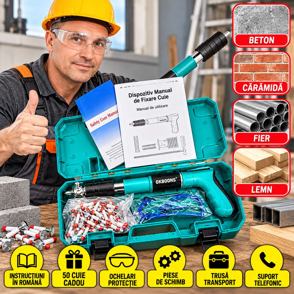 Kit Dispozitiv Manual pentru Fixare Cuie, 50 Cuie, Ochelari de Protecție, Accesorii și Trusă BunSiPractic