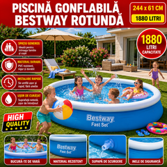 Piscina Gonflabila Bestway Fast Set Rotunda 244 x 61 cm, Capacitate 1880 Litri, Montaj Rapid, Albastra Powersale