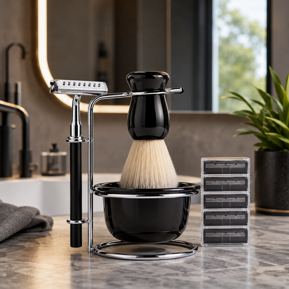 Set Bărbierit cu Perie, Suport Inox și Bol pentru Spumă – 4 Piese Powersale