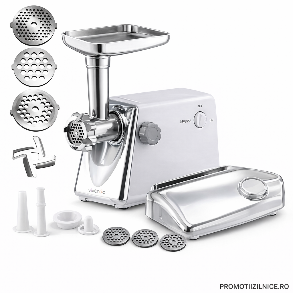 Mașină de tocat carne electrică Visuron 3000 W – 120 kg/oră, 3 site inox, funcție Reverse, componente detașabile PromotiiZilnice