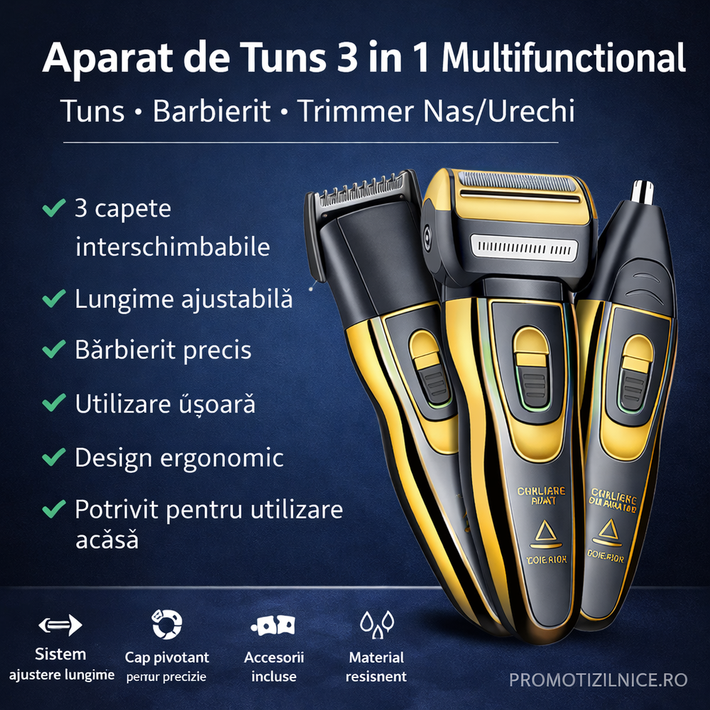 Aparat de Tuns 3-în-1 Multishaver – Trimmer Tuns, Barbierit & Îndepărtare Păr Nas/Urechi – Lame Oțel Inoxidabil PromotiiZilnice