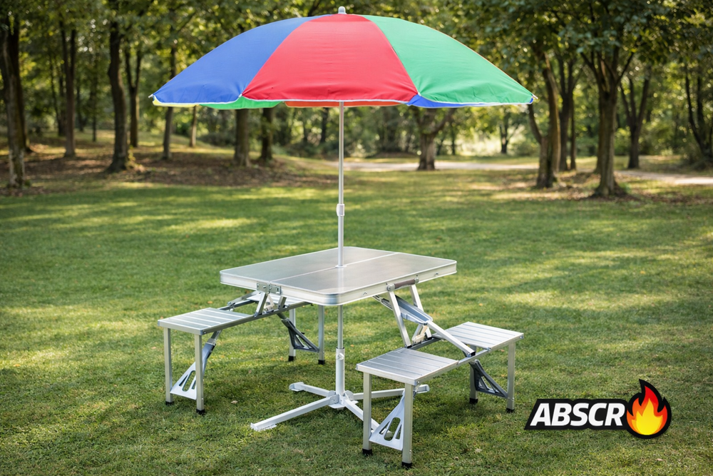 Masa pliabila aluminiu tip geamantan cu 4 scaune si suport umbrela – ideala pentru picnic, camping si gradina Powersale