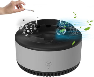 Scrumiera electrica cu aspiratie directa, suport din rasina epoxidica anti-topire, cu functie de purificare a aerului, odorizant pentru eliminarea mirosului, functioneaza cu baterii AA, gri - PromotiiZilnice