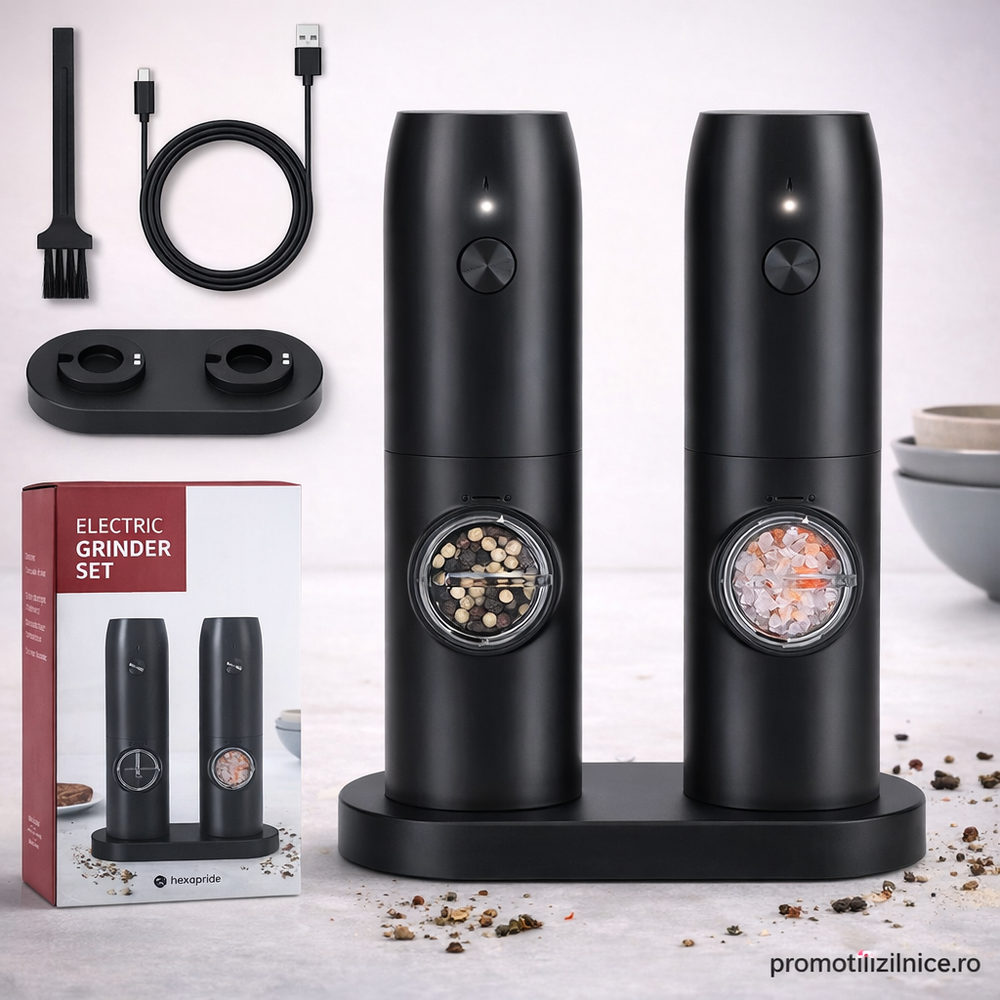 Set 2 Râșnițe Electrice pentru Sare și Piper, Reîncărcabile USB, Măcinare Reglabilă, Suport de Încărcare Inclus PromotiiZilnice
