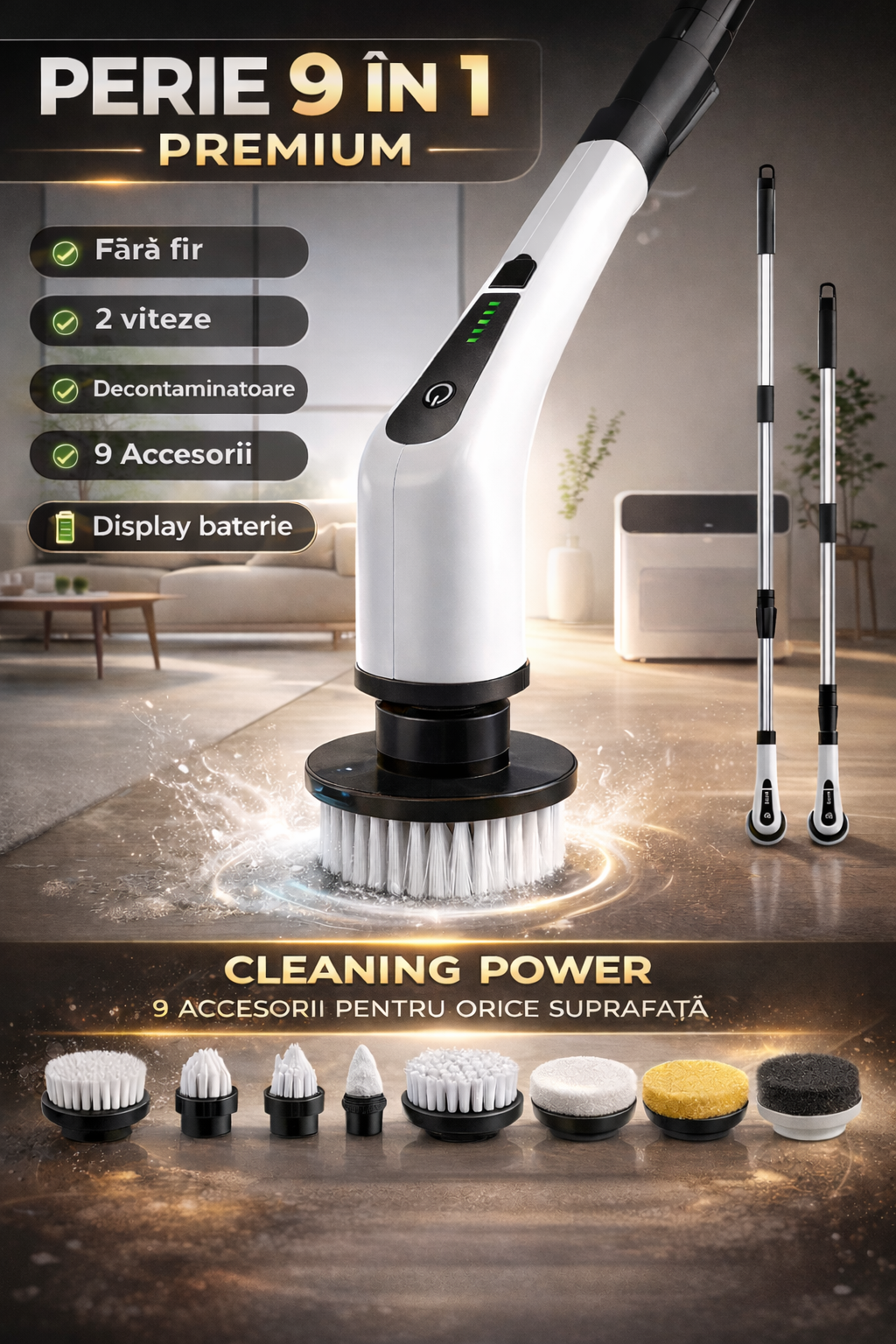 Perie Electrica Rotativa 9 in 1 cu 9 Capete, 2 Viteze, Maner Reglabil, Autonomie Mare, LED PromotiiZilnice