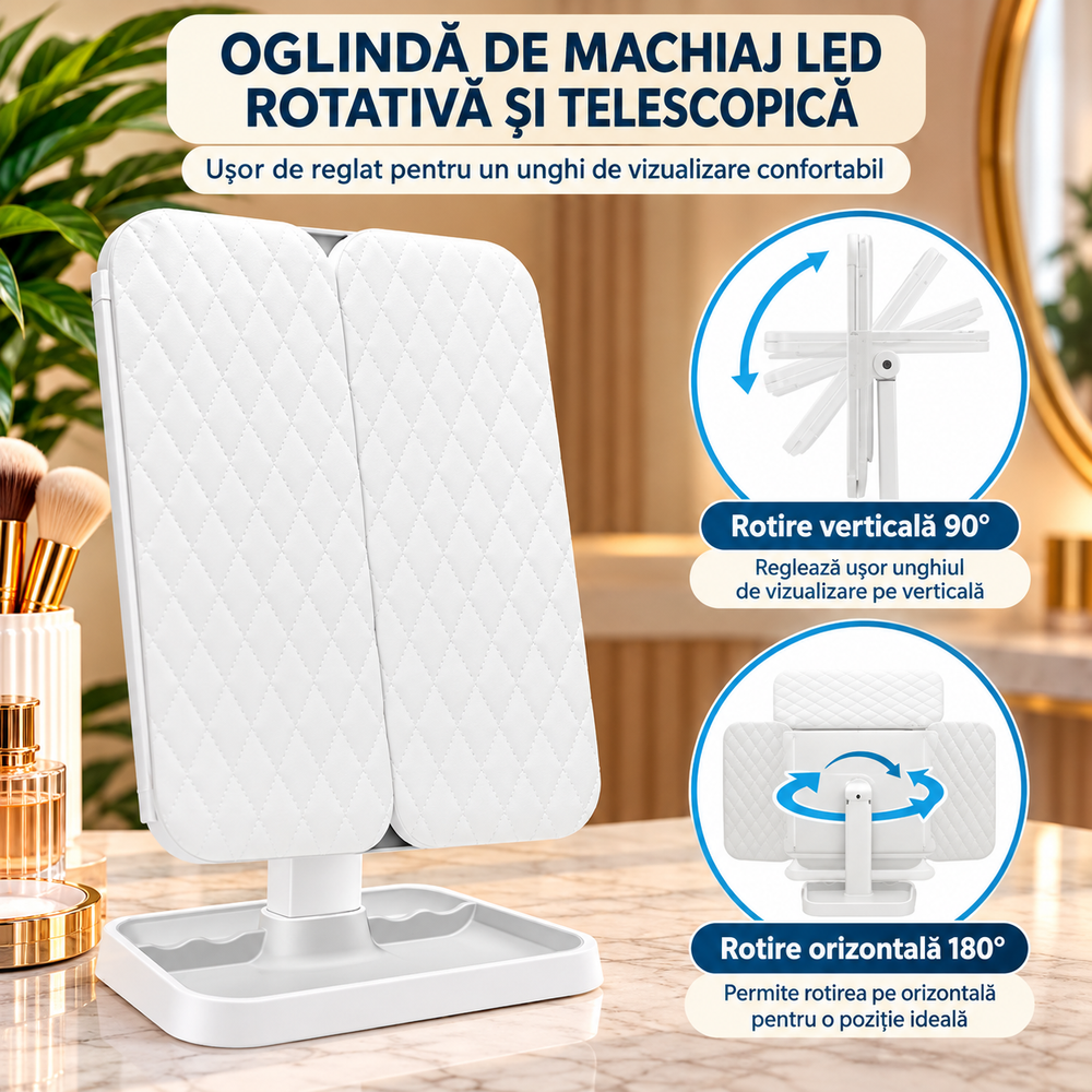 Oglindă Cosmetică LED Pliabilă cu Mărire, 3 Tipuri de Lumină, Intensitate Reglabilă, Control Touch, Suport Rotativ, Albă PromotiiZilnice