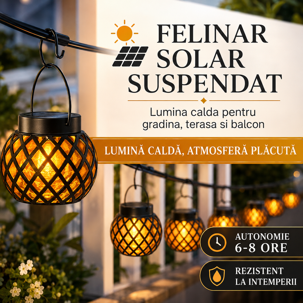 Set 4 Lampi Solare Suspendate cu Efect Flacara, Waterproof IP65, Iluminat Decorativ pentru Gradina, Terasa si Copaci Powersale