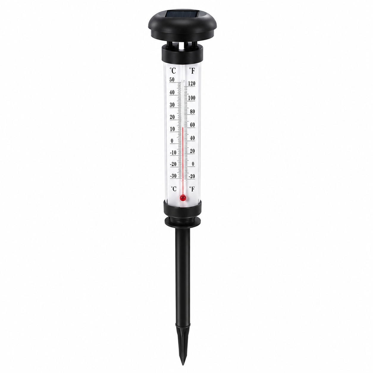 Set 2 Termometre Solare de Gradina cu Lampa LED, Afisaj Dual Celsius/Fahrenheit, Aprindere Automata, Incarcare Solara, Tarus Inclus, 35 cm, Negru PromotiiZilnice