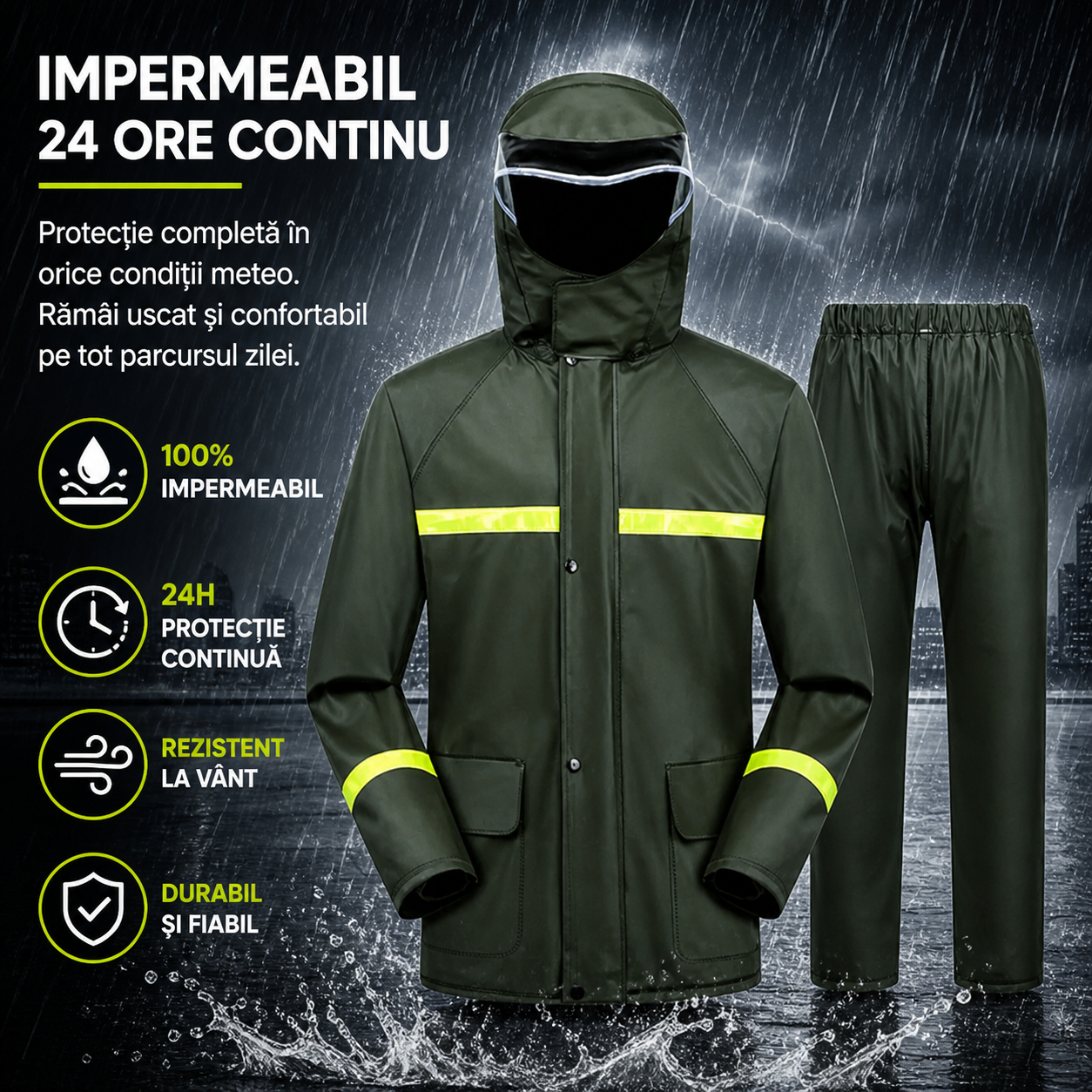 Costum Impermeabil Ploaie Profesional, Set Geaca si Pantaloni, Cu Gluga, Respirabil, Reflectorizant, Protectie Completa Exterior-Marime Universala- Powersale
