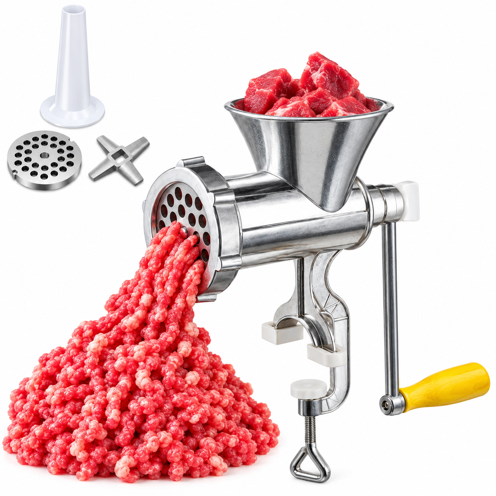 Mașină de Tocat Carne Manuală din Aluminiu, cu Prindere pe Masă, Manivelă, Sită, Cuțit și Accesoriu pentru Cârnați, Argintiu PromotiiZilnice