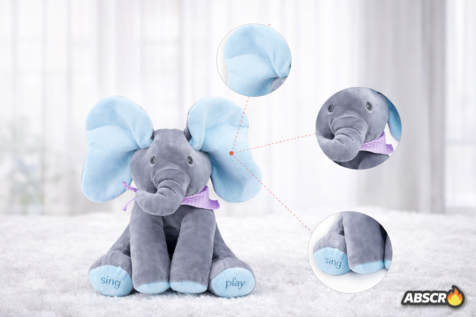 Jucarie de plus interactiva ABSCR Elefant Peek-a-Boo, canta si se joaca Cucu Bau, misca urechile, 2 moduri de joc, 33 x 16 cm, material moale, pentru copii PromotiiZilnice