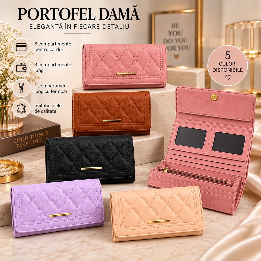 Portofel Damă Mare 20 × 10 cm – 5 culori, 8 Compartimente pentru Carduri, Portofel Elegant și Practic Powersale