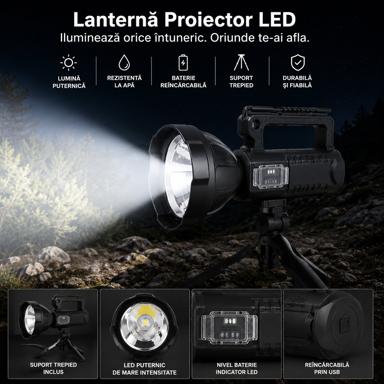 Lanterna LED Reincarcabila Profesionala 4000 Lumeni, Functie Powerbank, Trepied Inclus, 4 Moduri Iluminare, USB, Raza Mare de Actiune, Negru PromotiiZilnice