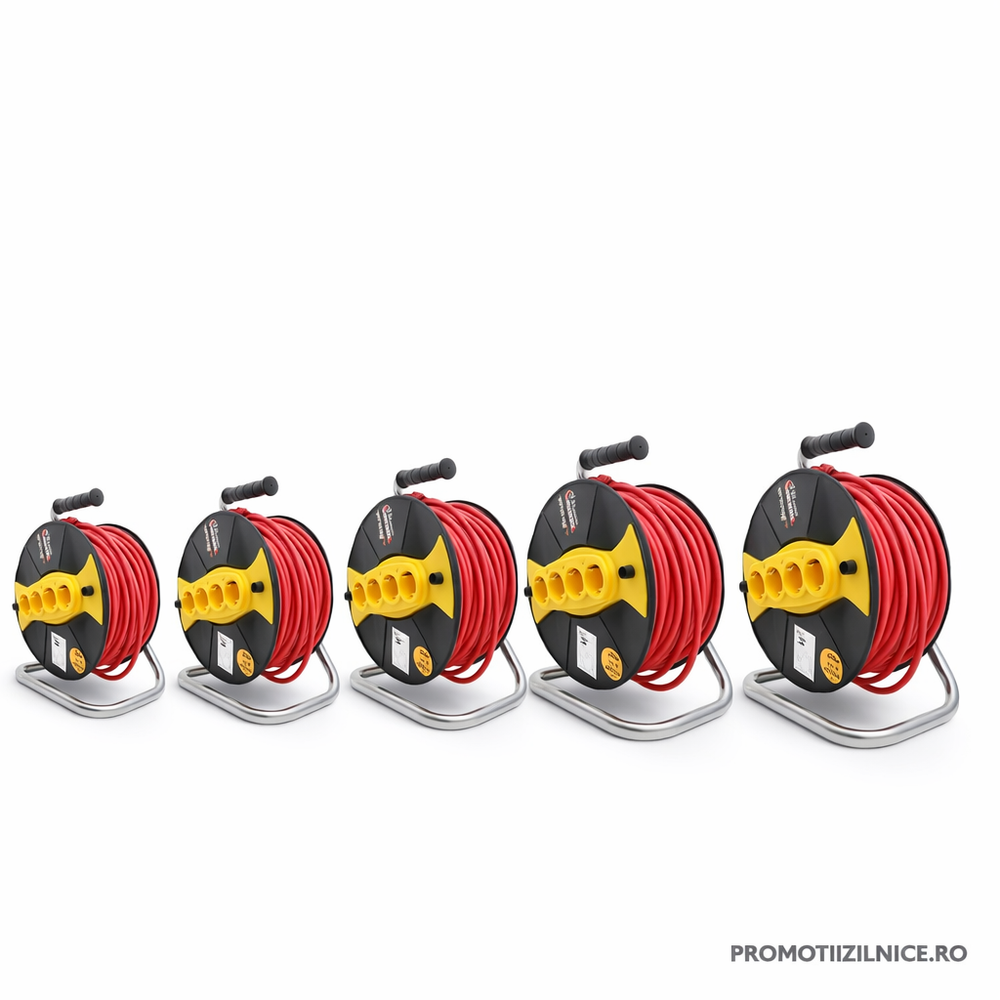 Prelungitor cu tambur 50 m, 4 prize Schuko, cablu 3×2.5 mm – Perfect pentru casă și grădină PromotiiZilnice