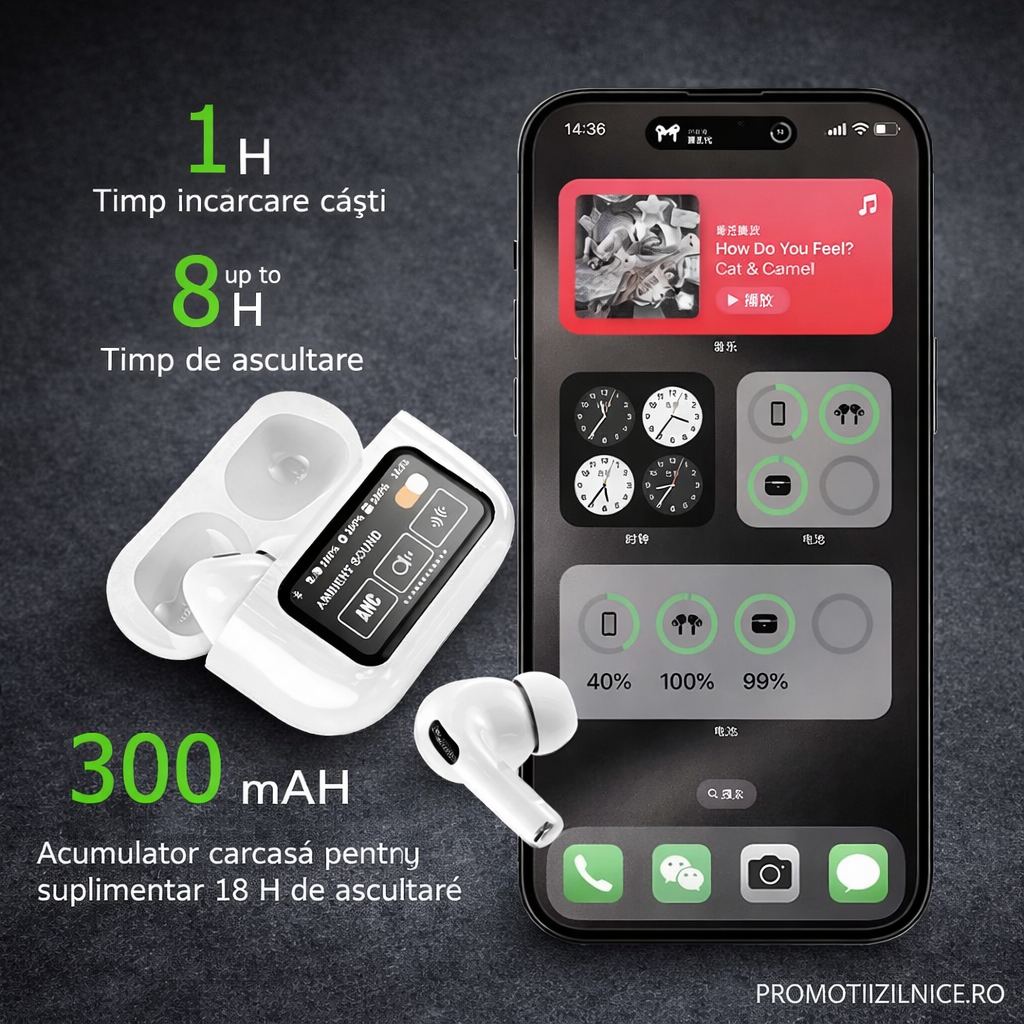 Casti Wireless Bluetooth A9 Pro – Bluetooth 5.4, Microfon HD, Control Tactil, ANC/ENC, Rezistente la Apă, Autonomie Extinsă PromotiiZilnice
