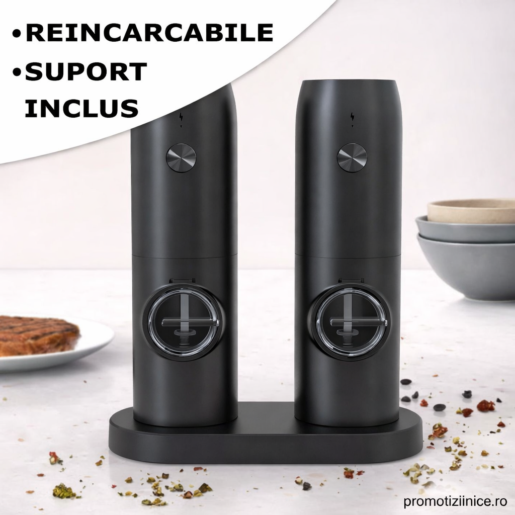 Set 2 Râșnițe Electrice pentru Sare și Piper, Reîncărcabile USB, Măcinare Reglabilă, Suport de Încărcare Inclus PromotiiZilnice