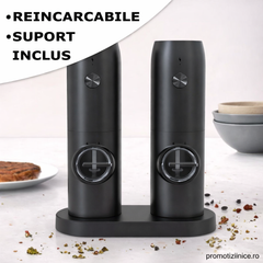 Set 2 Râșnițe Electrice pentru Sare și Piper, Reîncărcabile USB, Măcinare Reglabilă, Suport de Încărcare Inclus PromotiiZilnice