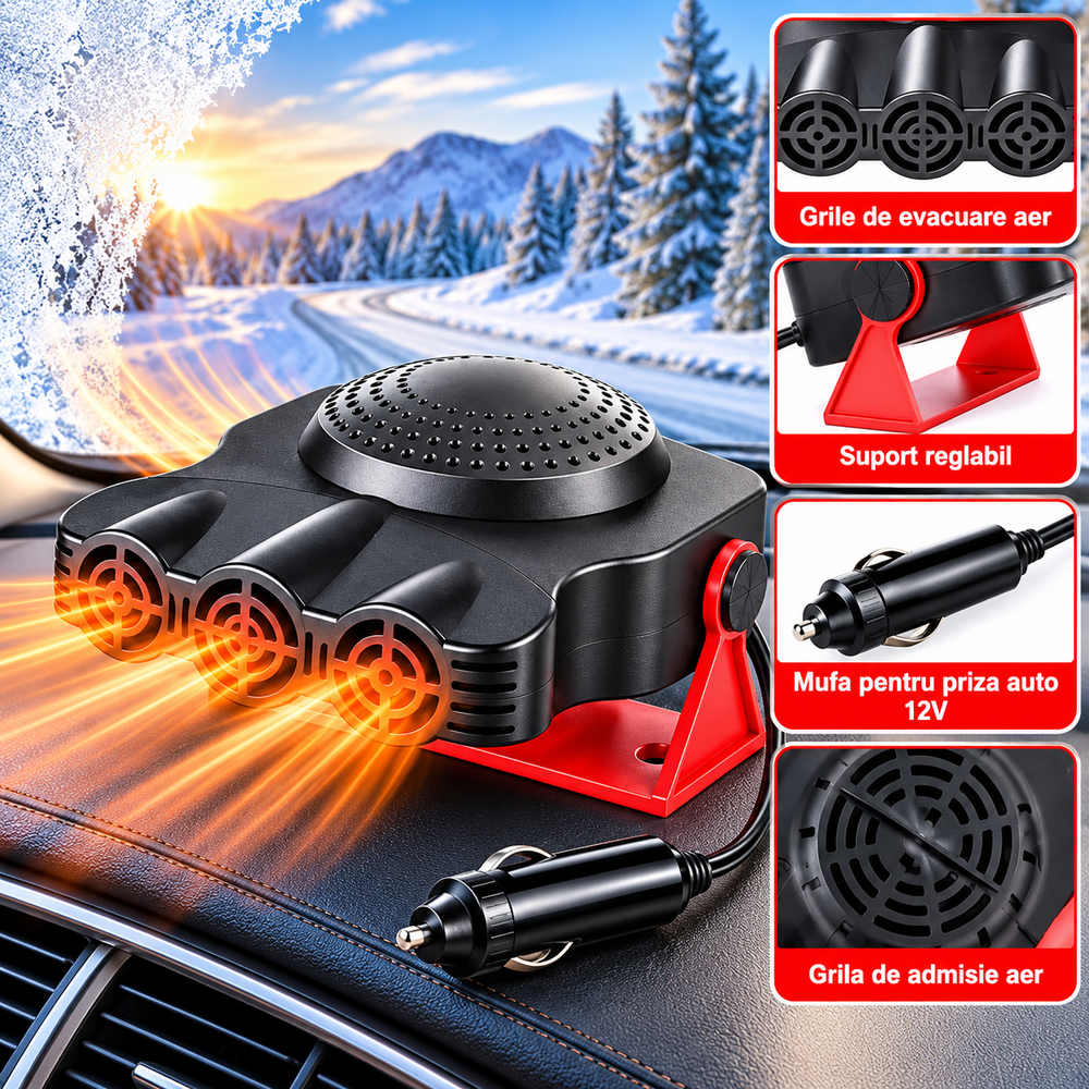 Aeroterma Auto 12V 200W, cu Aer Cald si Ventilatie, Dezaburire si Dezghetare Parbriz, Alimentare la Priza PromotiiZilnice