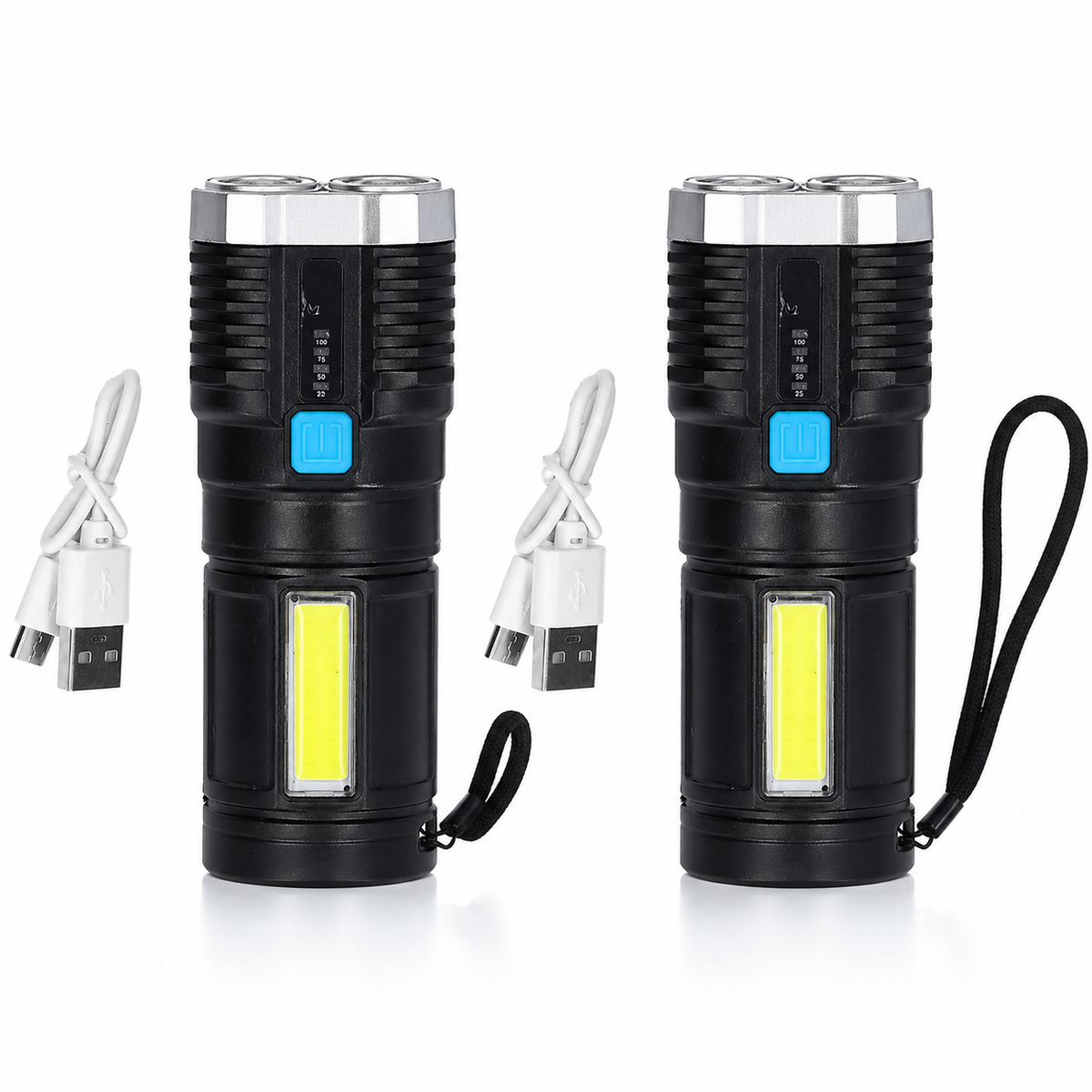Set 2 bucati lanterna LED reincarcabila USB, 1200mAh, 4 moduri iluminare, COB + LED frontal, indicator baterie, pentru camping si uz casnic PromotiiZilnice