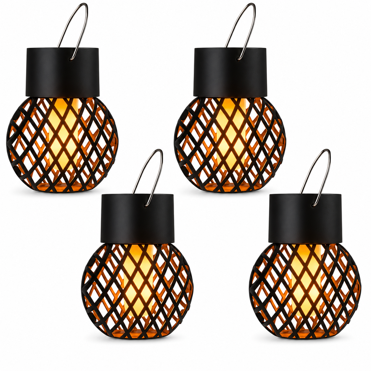 Set 4 Lampi Solare Suspendate cu Efect Flacara, Waterproof IP65, Iluminat Decorativ pentru Gradina, Terasa si Copaci Powersale