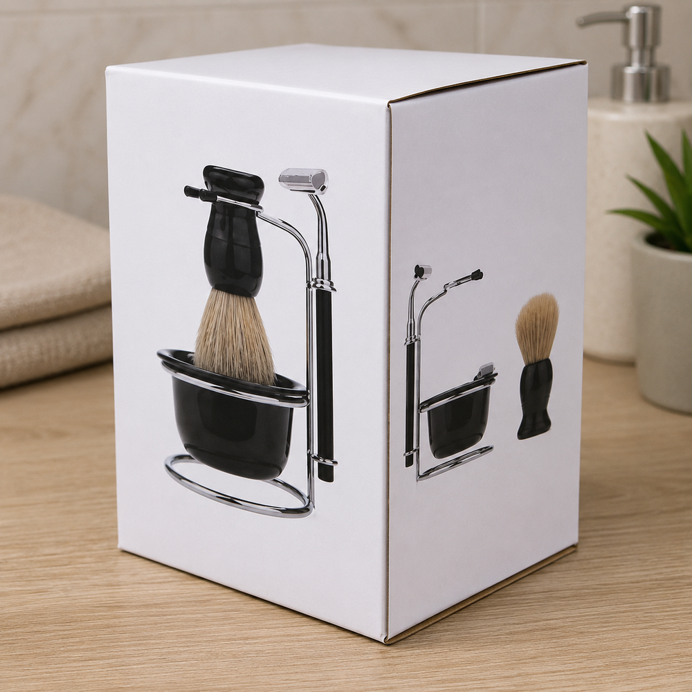 Set Bărbierit cu Perie, Suport Inox și Bol pentru Spumă – 4 Piese Powersale