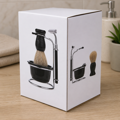 Set Bărbierit cu Perie, Suport Inox și Bol pentru Spumă – 4 Piese Powersale