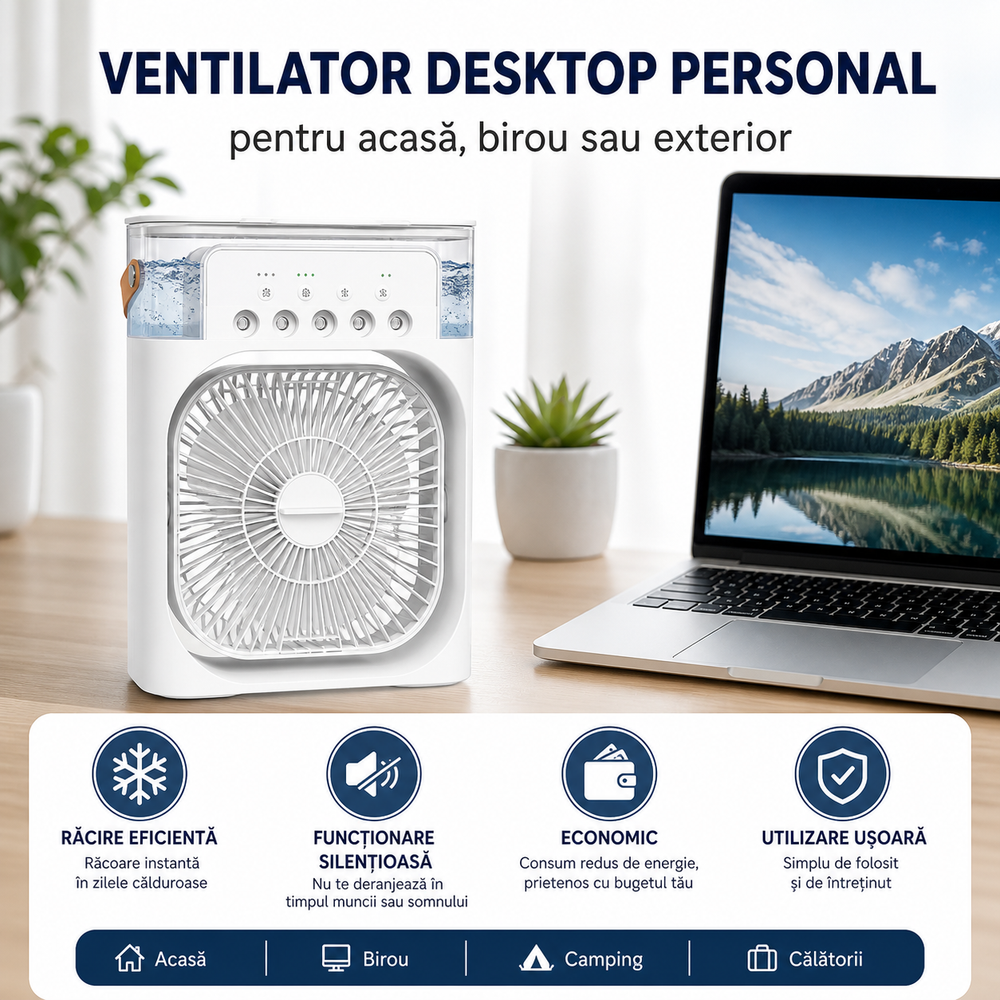 Mini Ventilator Portabil 3 în 1 cu Răcire Aer, Umidificator și Purificator, Rezervor 600ml, Iluminare RGB 7 Culori, 3 Trepte de Viteză, USB – Ideal pentru Birou, Dormitor și Camping PromotiiZilnice