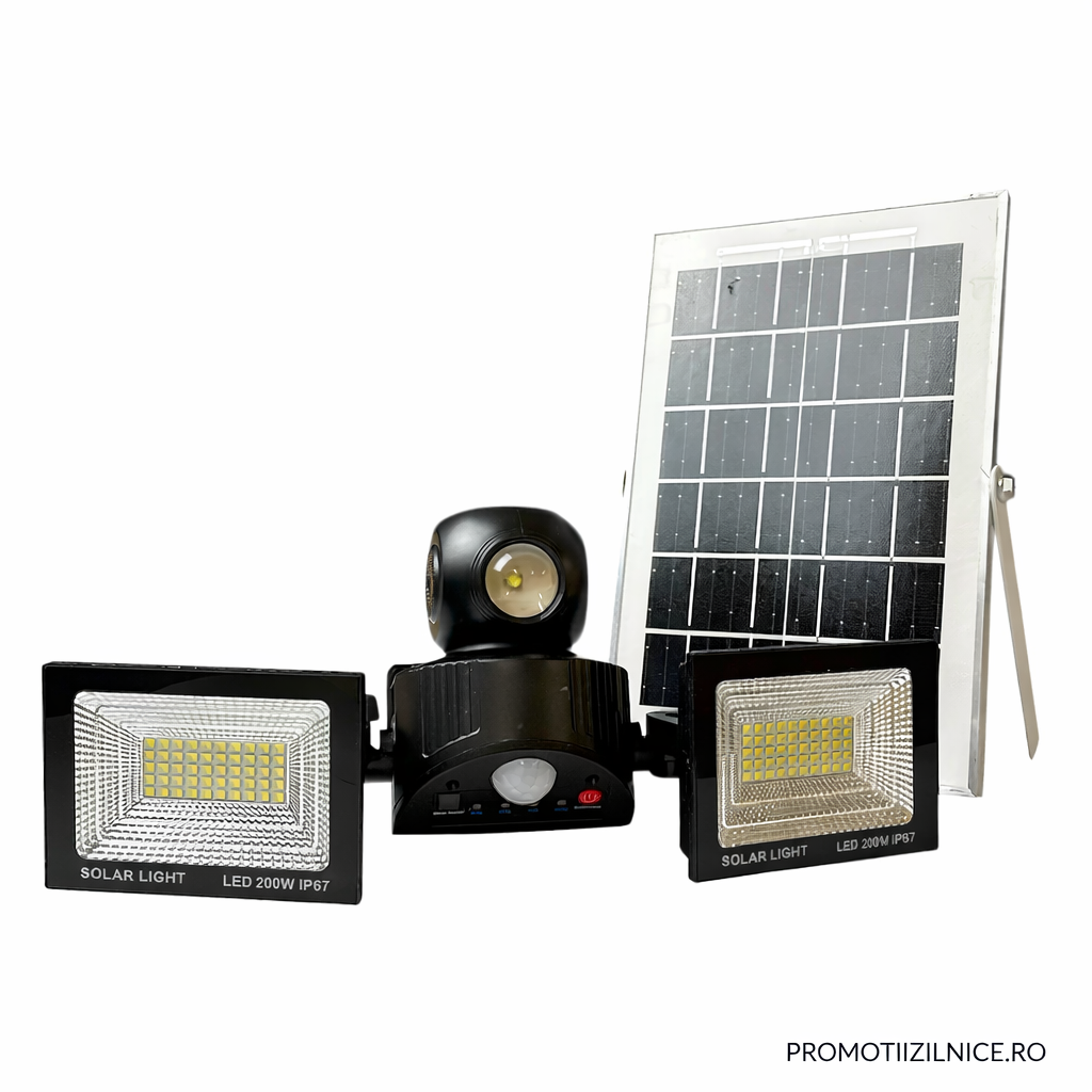 Proiector Solar LED Dublu 200W cu Senzor de Miscare, Telecomanda si Protectie IP67 – Iluminare Exterior Curte si Gradina PromotiiZilnice