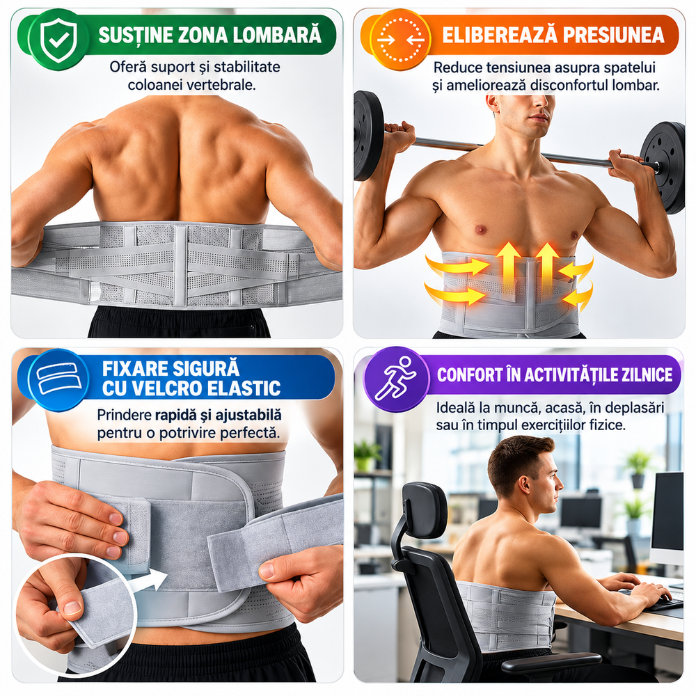Centură Lombară Ajustabilă, Suport pentru Spate, Compresie Dublă, Material Respirabil, Fixare Velcro, Unisex, Gri BunSiPractic